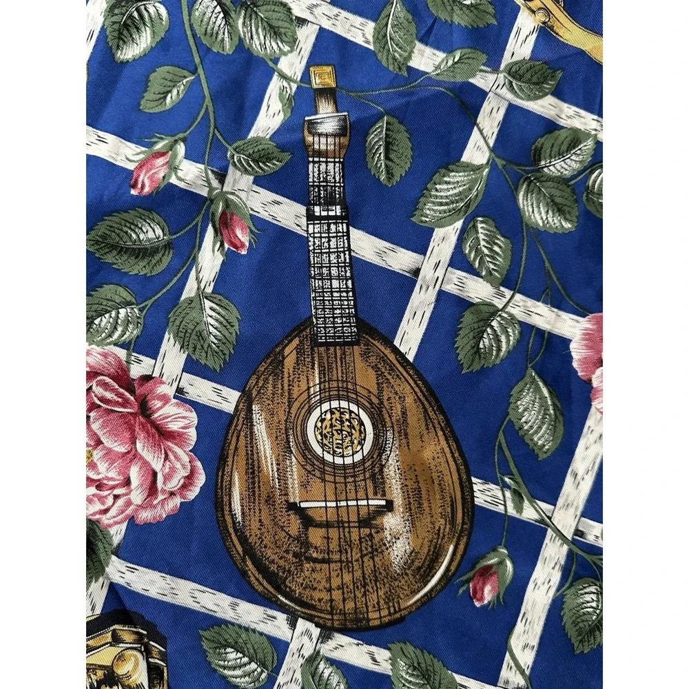 1980s Boston Museum of Fine Arts MFA Musical Instruments Floral Silk Scarf 34x34